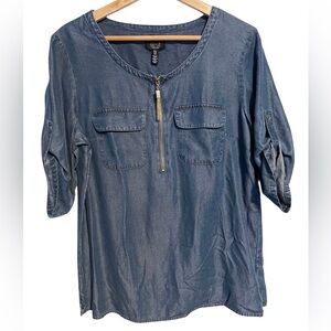 Jones New York Signature NWT Chambray Blouse Womens Medium Tassel Zip Front